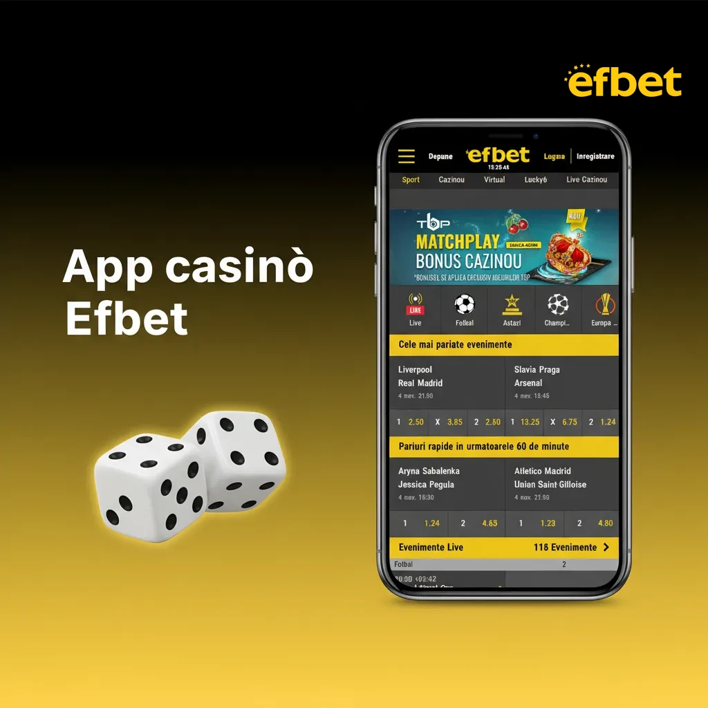 Schermata app Efbet: eventi live, sport e casinò con roulette, blackjack, baccarat, slot e croupier dal vivo.
