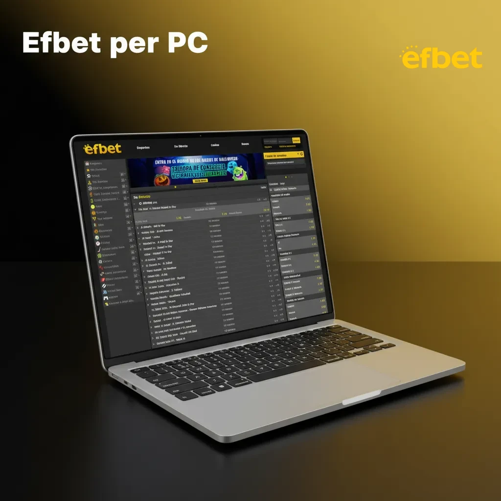 Schermata PC con sito Efbet nel browser: login, giochi e pannelli; scorciatoia su desktop e browser aggiornato.