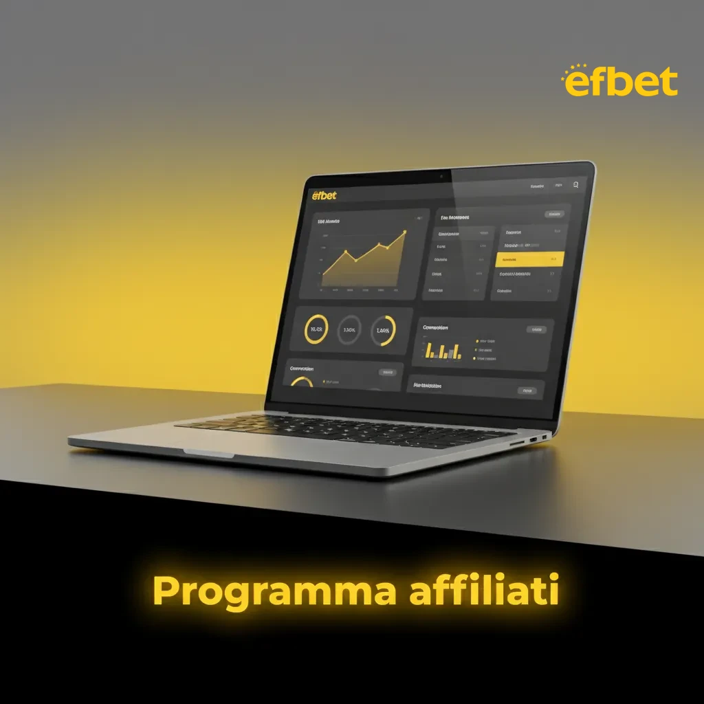 Grafica del programma affiliati Efbet con icone di SEO, social e commissioni Revenue Share/CPA