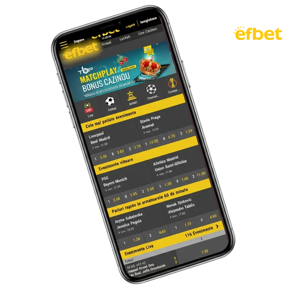 Banner Efbet: app Android (APK) e iOS con scommesse e casinò, bonus e loghi pagamenti Apple Pay, Visa, Skrill